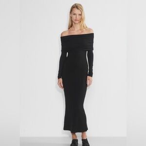Aritzia the group black off the shoulder long sleeve midi dress (2XS)